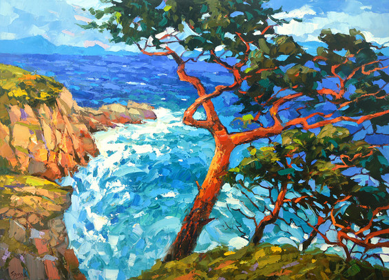 Bit abstract painting of a view over the ocean, seen from a cliff that is coloured in various shades of brown, with some large trees with dark green leaves on it in the foreground of the painting.
