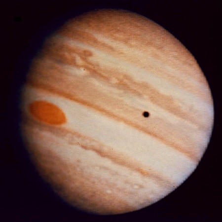 One of the Jupiter images taken by Pioneer 10 fifty years ago - low resolution and distortions by a veeery red Great Red Spot.
