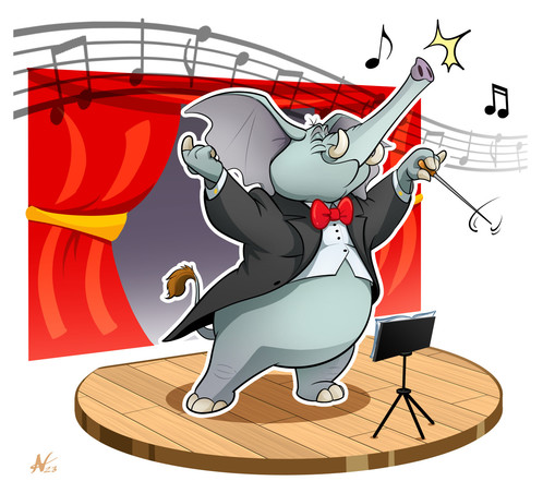Digital artwork of an adorable anthropomorphic elephant orchestra conductor. Art made by the artist VeyZ whom you can commission to draw a picture for you.