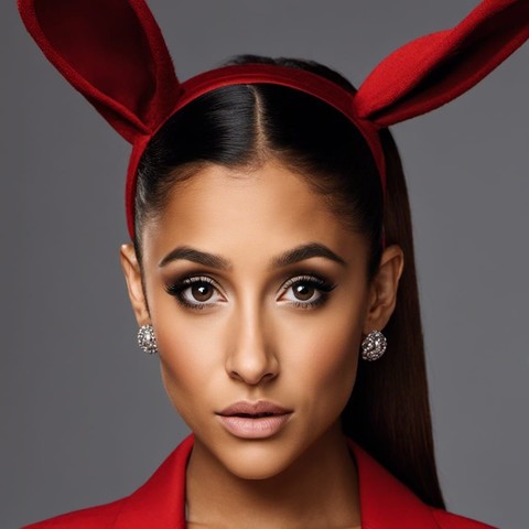21st century music art: Ariana Grande head and shoulders image, with red 'Dangerous Woman' bunny ears and top