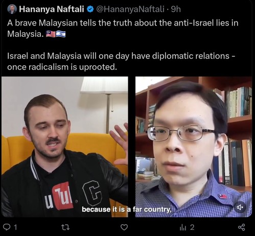 Hanya Naftali tweets: A brave Malaysian tells the truth about the anti-Israel lies in Malaysia. 🇲🇾🇮🇱

Israel and Malaysia will one day have diplomatic relations - once radicalism is uprooted.
----
The video is screenshotted as you see the split panel between him and the Malaysian Victor Yong Jen Ong, who also is proudly wearing a taiwanese flag lapel pin, god bless this guy