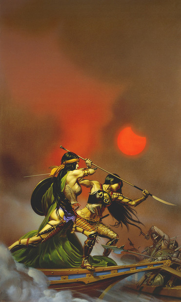 Balanced on the bow of a slender boat, two dark haired Amazon warriors stand poised to attack. The point of the bow has splintered the rails of another vessel. The armored men aboard lurch back with the impact as the Amazons surge forward. One grips a spear two-handed overhead, ready to stab downward. Holding a round shield for defense, the other draws back her sword arm ready to swing. Her long green cape drapes down over her leanly muscular body as she pivots. Billowing mist obscures all but the tip of their ship. The sky above is gray, clouds tinged with red by a bloody gibbous moon.