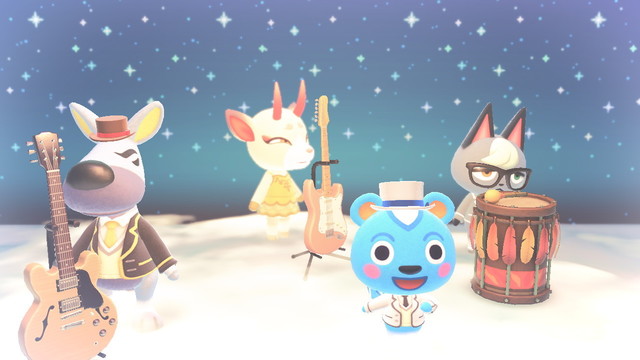 Animal Crossing: New Horizons screenshot. Shino, Raymond, Walt, and Filbert are set to look like Smashing Pumpkins from the "Tonight, Tonight" music video. Filbert is standing in front singing as though he's Billy Corgan. The rest of them are behind him are various angles with a starry background and a cloudy floor to give the appearance that they are playing in the clouds.