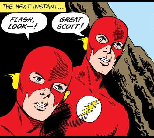 Wally West Kid Flash in his original all red costume stands next to Barry Allen Flash, an apparent big rock behind them looks off panel right. Narration: "The next instant..." "Flash, LOOK--!" says Wally. "GREAT SCOTT!" says Barry.