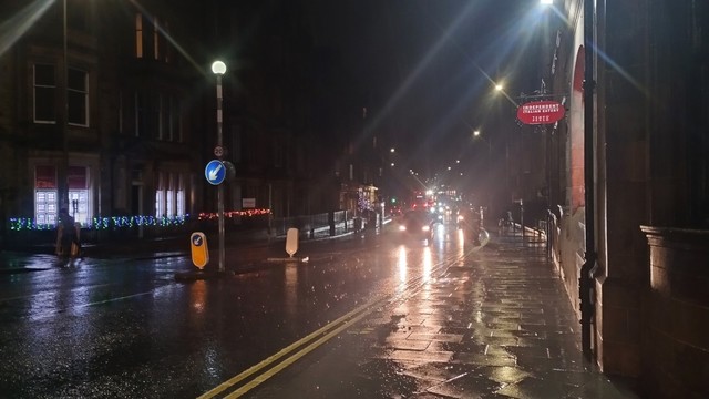 Rain on a very rainy night in the Bruntsfield area of Edinburgh, lights reflecting from wet roads