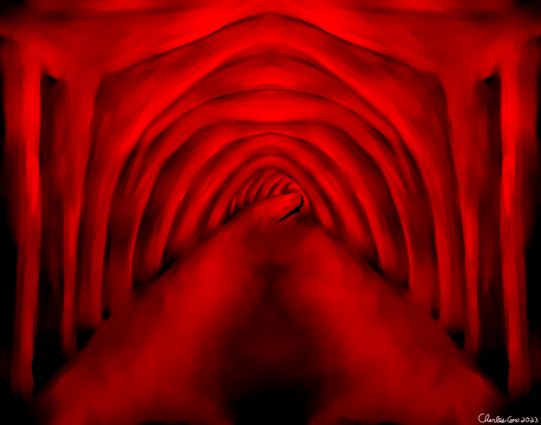 A large red fleshy tunnel with deep red glow emanating from them.  In the distance a small kobold walks into the turn in the tunnel.  Their silhouette casting a shadow as they walk further in.