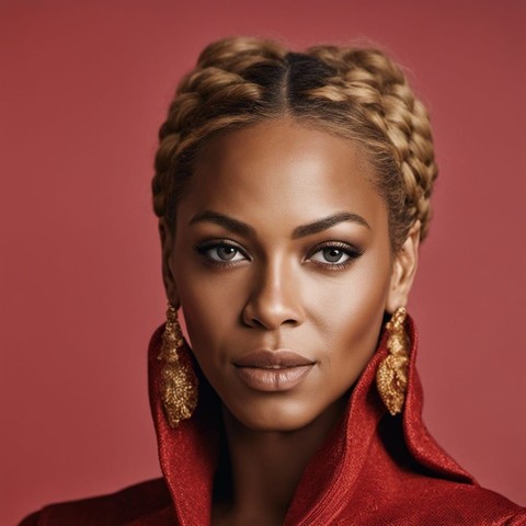 21st century music art: Beyonce, red high collar coat, big gold ear rings, hair braided, dull red background