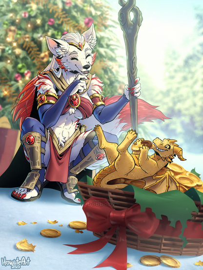 Digital art of a white werewolf lady with red stripes and revealing fantasy armor. She is crouching out in the snow, in front of a Christmas tree, giggling at the sight before her: her small pet dragon cheerfully tearing into an oversized gift basket full of gold foiled chocolate coins.