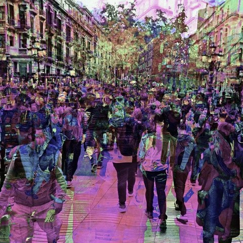 Barcelona CMYK color separated digital people in the street photography multiple exposure photo manipulation image made with a smartphone + The GNU Image Manipulation Program!
