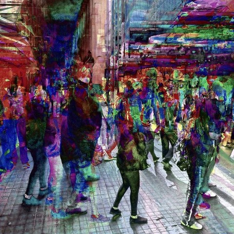 Barcelona CMYK color separated digital people in the street photography multiple exposure photo manipulation image made with a smartphone + The GNU Image Manipulation Program!