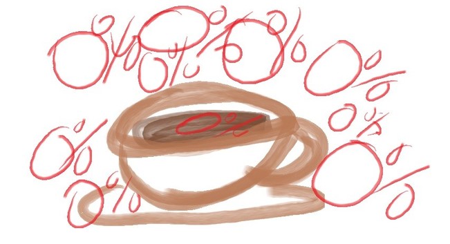 Low quality doodle of a brown coffee cup, with red "0%" scribbled several times over the picture.