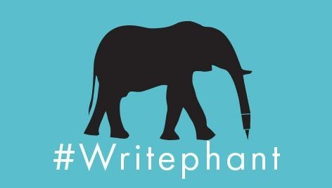 A black profile of an elephant with a pen for a trunk and the word #Writephant in white on a blue background.