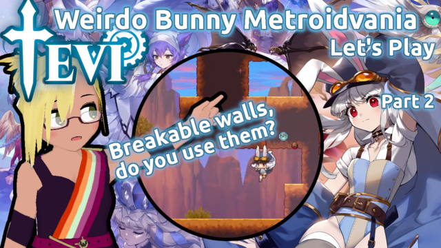Weirdo bunny metroidvania "TEVI" let's play, part 2.

VTuber pointing toward a cracked wall in a screenshot: "Breakable walls, do you use them?"
