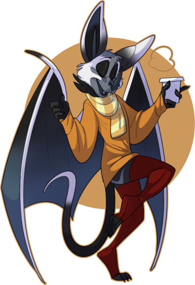 A bat holding a hot drink in one hand while striking a pose in a comfy sweater and scarf, with some ref leg warmers.