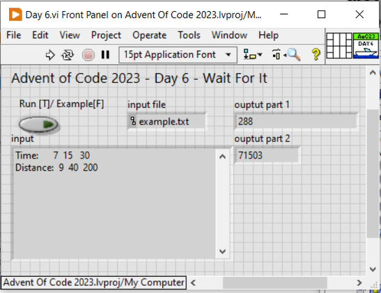 Front panel from my LabVIEW solution to Advent of code 2023 day 6 showing the example input and the outputs to parts 1 and 2