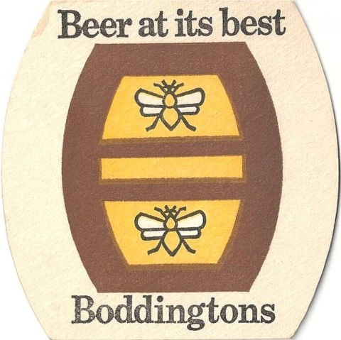 A Boddington beer mat with the text "Beer at its best" and a drawing of a barrel with two bees.