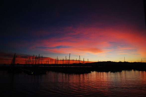 blick in den hafen zum sonnenuntergang. der himmel färbt sich orang/rot, in der mitte des bildes die silhouetten von masten kleiner segelbooten