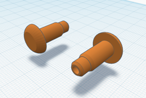 two varying-diametre bolt-receiver pins in tinkercad, seen in three-quarters view showing the head and insertion sides, and the diametre changes.