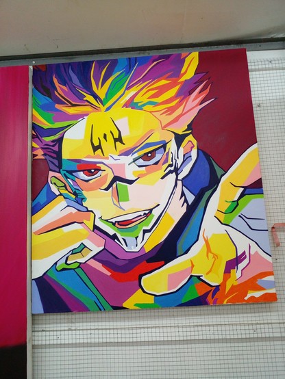 a painting of a male figure, his body a mix of prismatic colors, he is reaching out to the viewer, his hair blowing wildly, he has symbols on his forehead, over the bridge of his nose, and chin