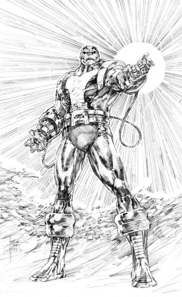 a black and white drawing of Apocalypse, standing in a rocky area, holding his hand out, rays of light are emanating from his hand