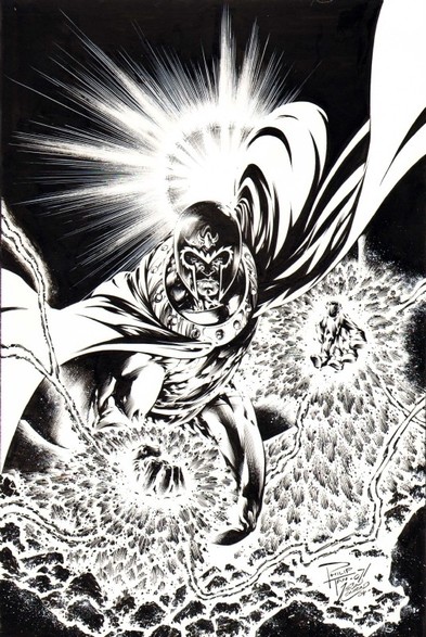 an illustration of Magneto, a black background with a burst of light behind his cape, his hands are clenched in fists, energy pouring from them