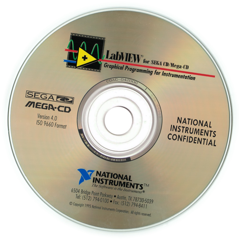 An image of a CD-ROM labelled LabVIEW 4.0 for Sega CD/Mega-CD. The disc is marked NATIONAL INSTRUMENTS CONFIDENTIAL.