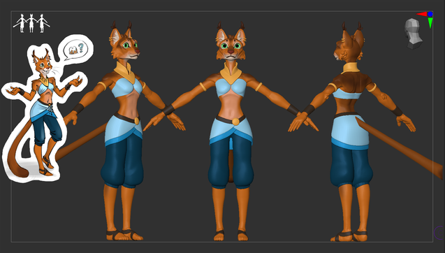 Zbrush screenshot of a blocked out khajiit 3d model. The reference sketch is on the right. She's Abyssinian colored and probably about ready for detailing.