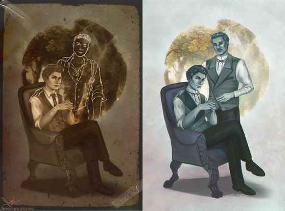 Two variations of a similar picture of young Sherlock Holmes sitting in an armchair with his fingers intertwined. The first one is in the style of an old photograph, with his childhood friend Jonathan scribbled on. The other one is a brighter photo, with John Watson standing in Jon's place.