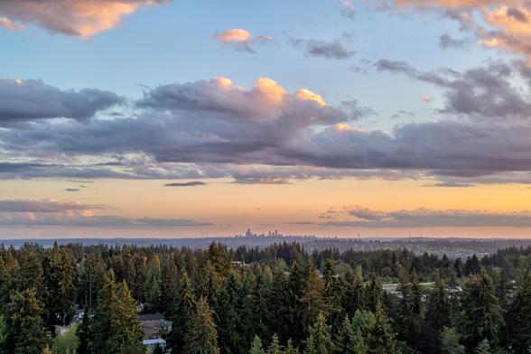 Color photo.  The downtown Seattle skyline is seen in the far distance, beyond tree covered hills.  The blue sky is filled with dark clouds edged in sunset orange.