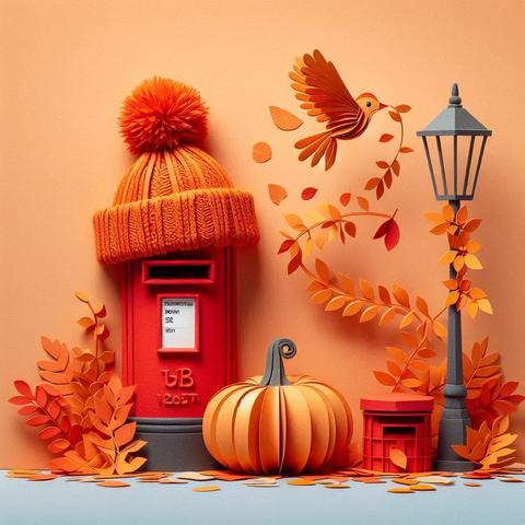 « Generated by MicrosoftDesigner »
(A cylindrical mailbox wearing a hand-knitted hat before Halloween: cartoon-like illustration, hand-drawn picture book style), A red cylindrical mailbox standing on an autumnal street is wearing a hand-knitted beret decorated with a pumpkin lantern. A sparrow comes and places an acorn on it. The background is white and largely omitted.