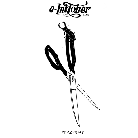 A black and white drawing of a a pair of scissors floating in the air with a stag beetle on a handle.