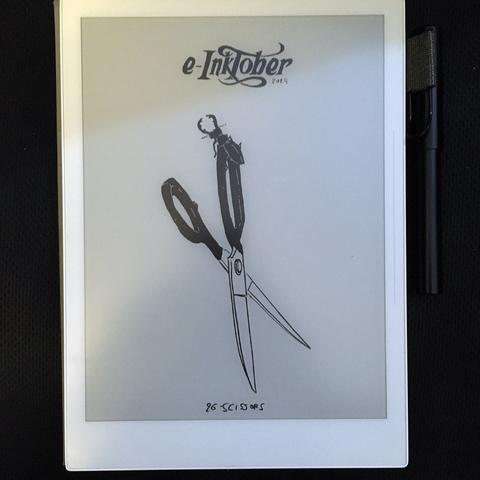 A photo of the same black and white drawing of scissors, on the e-ink tablet it was drawn.