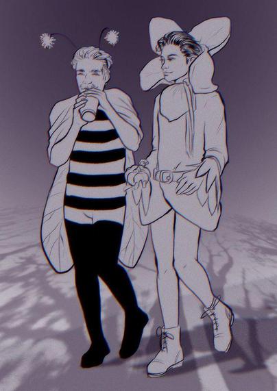 Monochrome violet sketch of Sherlock Holmes and John Watson dressed up for Halloween. Watson is dressed a bee, wearing a headband with fuzzy pom-poms, a striped Victorian swimsuit with stripes and long black stockings. He is happy and drinking a rather anachronistic pumpkin spice latte. Sherlock is dressed as a violet flower and he's carrying a very small pumpkin.