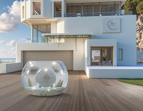 A futuristic quantum firepit in a glass container, not lit, waits on the wooden deck of an angular off-white luxury home by the sea, on a sunny day.