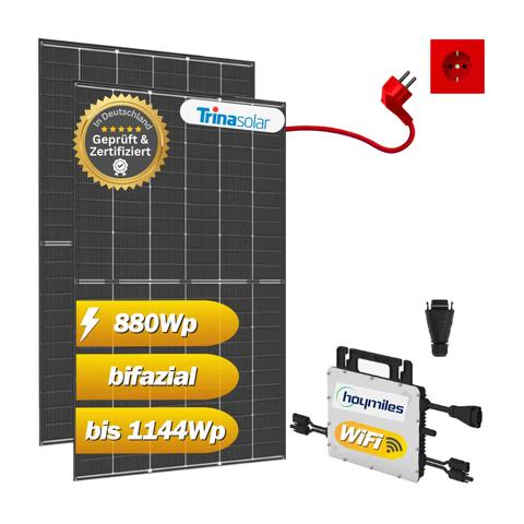 Produktfoto eines Shop-Angebots. Abgebildet sind 2 Solarpaneele von TrinaSolar, ein Mikrowechselrichter von Hoymiles und Anschlusskabel.