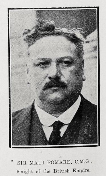 Black-and-white portrait photo: Sir Maui Pomare, C.M.G., Knight of the British Empire. 1922. Description: Head-and-shoulders photo of the subject; he has short tousled hair and a moustache and is wearing a suit and tie. Citation: Supplement to the Auckland Weekly News, 15 June 1922, p. 42. Auckland Libraries Heritage Collections AWNS-19220615-42-08. https://kura.aucklandlibraries.govt.nz/digital/collection/photos/id/239600