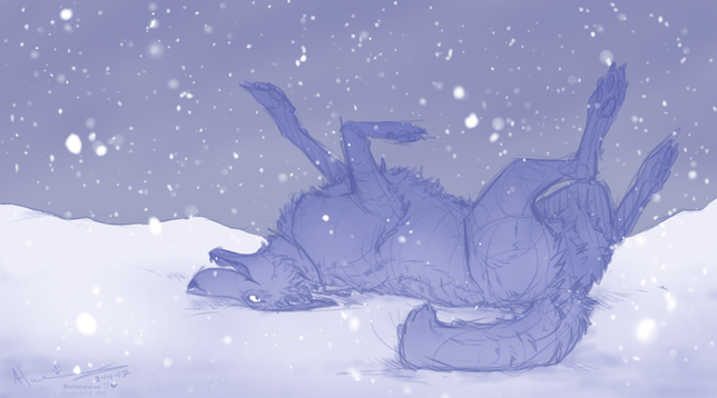 Sketch of a lurcher wolfdog sighthound gleefully rolling around in the snow, with more falling all around here.