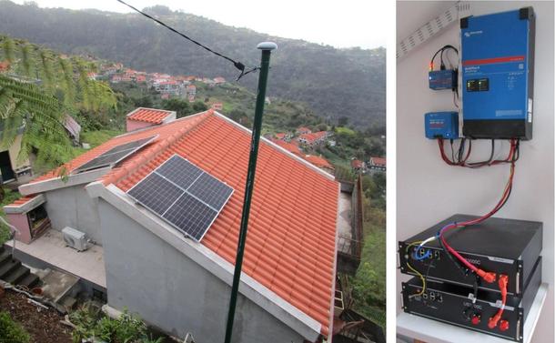 FairyHut Smol Start

Photo description 
On the left side a roof from above, 2 solar panels on each side. Right side of the photo shows a room with a stack of two black batteries on a small table, above them on the wall the blue solar controller and charger, lots of black and red cables.

System description Phase I. 
4 solar panels SHARP 410 Wp mono (1,722 x 1,134 x 35 mm)
Cerbo-S GX monitor
Victron MULTIPLUS II 48/3000/35-32 inverter/charger
Victron BLUESOLAR 150/45 charge controller 
2 LiFePO4 batteries PYLONTECH US3000C 3.55KW = ~7.5kW
On/off grid switch energy meter ET 112

Hybrid system like this: If the batteries are low the system shuts off from the house for recharging in the sun. No battery charging from the grid. 
For the time of the shutoff the city grid is switched on. (Whatafight! -.- The installing company fought tooth-and-nails to prevent me from getting off-grid. It cost me more than two months to finally also get a manual grid power-off-switch - electronically not overridable by the remote of the company.)

Unfortunately the house hasn't got the best position. It is facing North, with the roof to West and East and a hill in its back to South, which will not allow full capacity of the panels especially in winter. More panels needed :)

As usual: System planning by me. Technical advice and installation by Senor Roberto Rodrigues, João Francisco Branco Unipessoal LDA and Fertilram - Produtos Agrícolas Unipessoal, Lda Ponta del Sol/FNC 
Muito obrigada senhores!