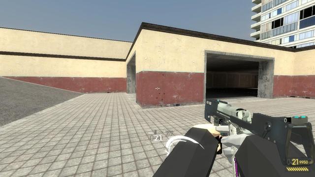 me holding the Alyxgun in its expanded state. the top part is expanded to form a stock, the front has a tactical vertical grip, and i am holding onto the grip with my left hand. you can see a holographic ammo counter on my left hand, thats not a part of the gun. the third person animation for this transformation is still present in the Half Life 2 Alyxgun world model, but is completely unused