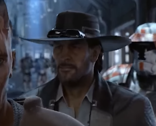 An Indiana Jones - Type guy with Leather Jacket, Hat, Shirt and Sunglasses on the Hat being held in custody by Stormtroopers on a space Station for "Sith Artifact Smuggling"...