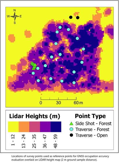 map/chart - Locations of survey points used as reference points for GNSS occupation accuracy evaluation overlaid on lidar height map (2 m ground sample distance).
