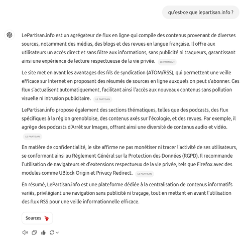 copie d'écran de la réponse de ChatGPT Search à la question : "qu'est-ce que lepartisan.info ?"