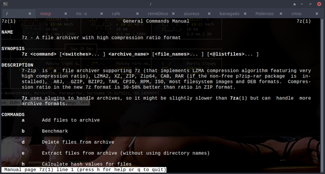 A screenshot shows a terminal window displaying a manual page for the 7z command-line archiving utility.  The page details the name, synopsis, description, and commands for 7z, explaining that it's a file archiver with high compression and support for many formats including 7z, LZMA2, XZ, ZIP, and more.  The description also notes its use of plugins. The commands listed include adding, deleting, extracting files and benchmarking.  The bottom of the screen shows the page number and instructions to press "h" for help or "q" to quit.