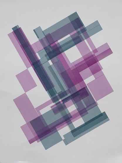 An image comprised of two lines that fold back on themselves to fill space in rectangular blocks, with one line in a shade of blue-green, and the other in a shade of dark magenta. Where the line regions overlap, a purple-ish color is formed.