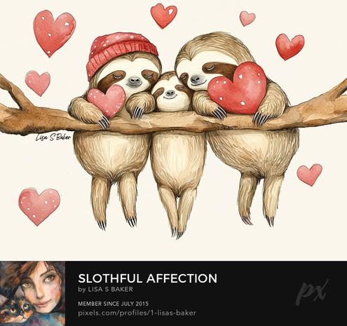 An art print of three sloths gently hanging from a tree branch, cuddling together in a display of affection, with love hearts floating around them. Art by Lisa S Baker.