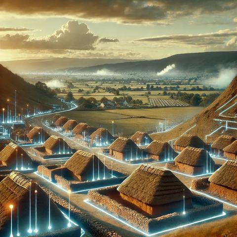 The AI-generated title image of this podcast episode featuring a settlement that seems to consist of mud-brick houses in a plane between hills. The sky is cloudy.