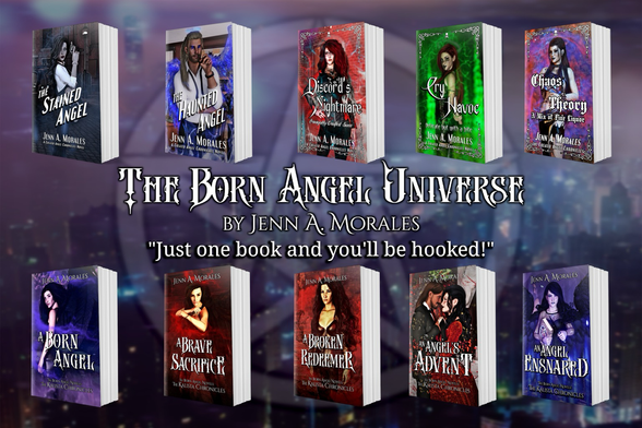 The 10 books of the Born Angel Universe on a background with a city and the angelic logo overlaying it. On it reads the born angel universe by Jenn A Morales. Just one book and you’ll be hooked!