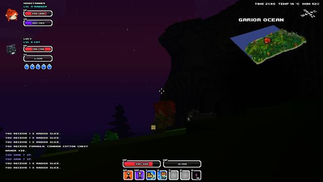 In this picture you can see a female character from the game Cube Wolrd in the alpha version. In her left hand (her perspective) she holds a lighted lantern. She looks down from a hill. In the background you can see a mountain. The sun has also almost set.