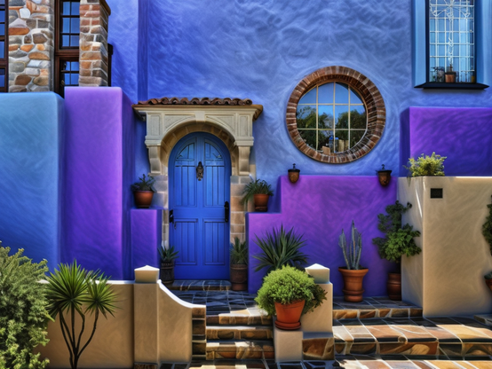A vibrant Mediterranean-style townhouse with bold blue and purple walls, arched doors and windows, and lush potted plants decorating a warm and inviting tiled patio.