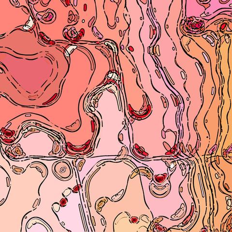Random 2017 12 #117b. Abstract shapes and distorted circles in black outlines on sand colored, pink and rose background, reminiscent of skin in a comic-book style. Computer-generated illustration from a Photoshop automation, programmed by Stefan Romero Grieser.